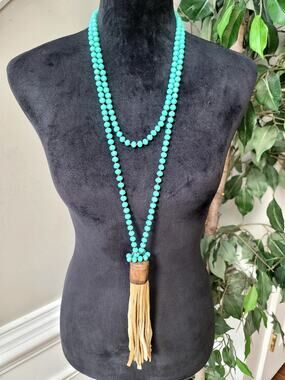 Turquoise Blue Beaded Long Tassel Necklace Boho Statement Jewelry